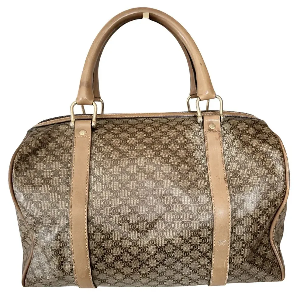 Vintage Céline Macadam Monogram Coated Canvas Boston Bag Tan Leather Trim